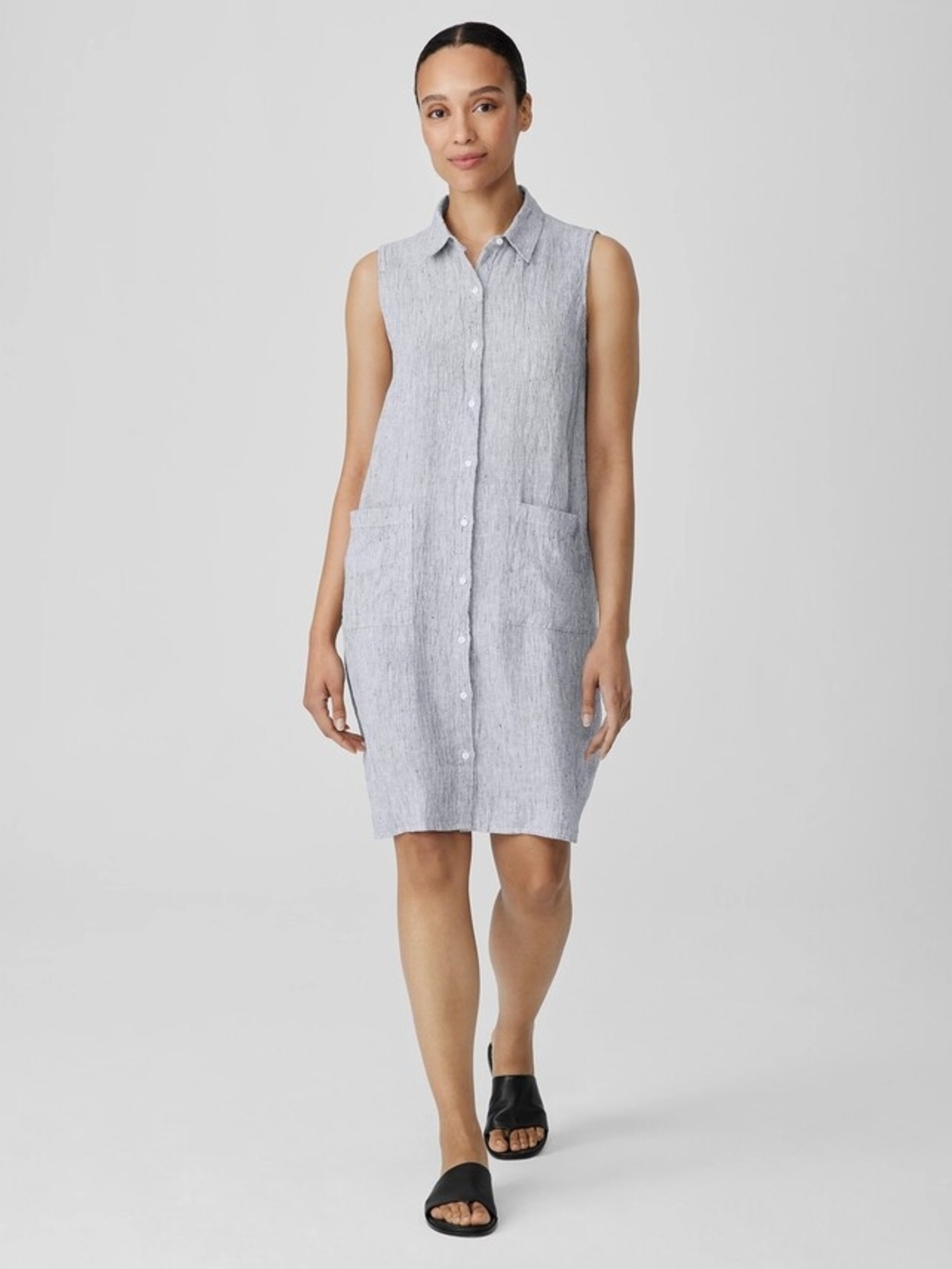 Eileen Fisher Striped Organic Linen Crinkle Sleeveless Button down Shirtdress